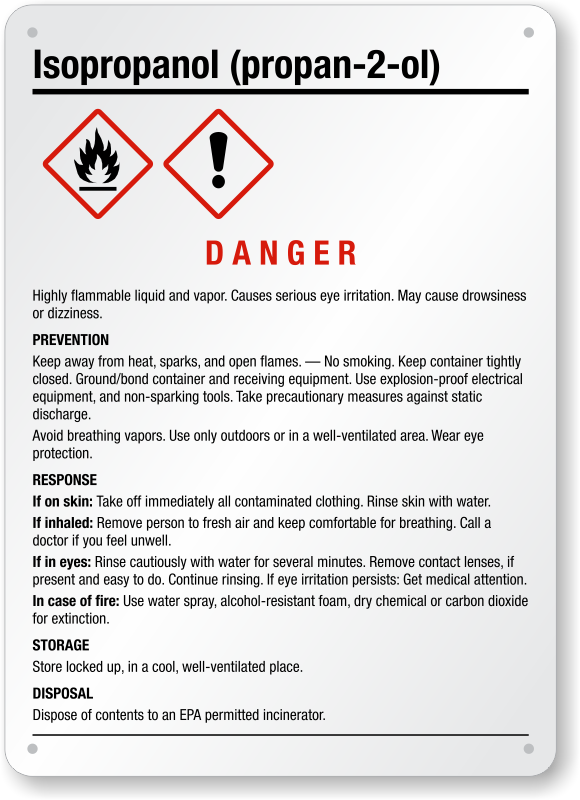 Isopropanol GHS Chemical Sign - Danger , SKU: GHS-009-S - MySafetySign.com