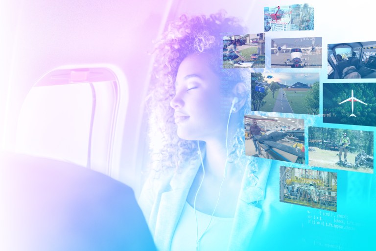 A female passenger on a flight with her eyes closed. On the right are images of aero research.