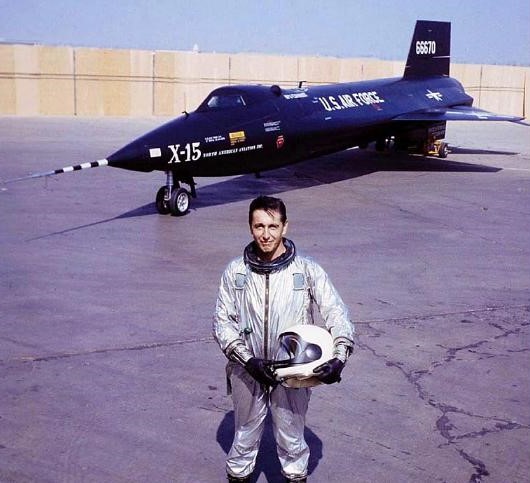 During its October 1958 rollout ceremony at the North American Aviation (NAA) facility in Los Angeles, NAA pilot A. Scott Crossfield poses in front of the X-15-1.