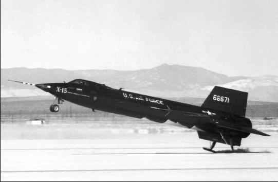 Pilot A. Scott Crossfield brings the X-15 to a smooth touchdown on the lakebed runway at Edwards Air Force Base in California. Image credit: courtesy North American Aviation.