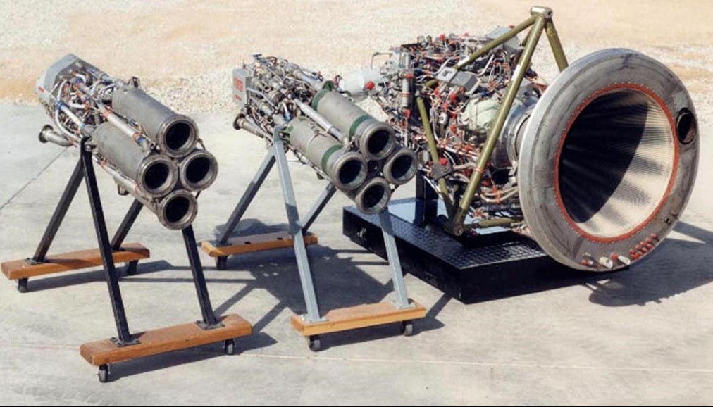 The twin XLR-11 engines, left, and the more powerful XLR-99 engine used to power the X-15. 