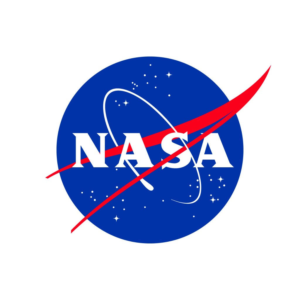 A blue circle with white type displaying the NASA acronym encircled by a white swoosh and a red arrow.