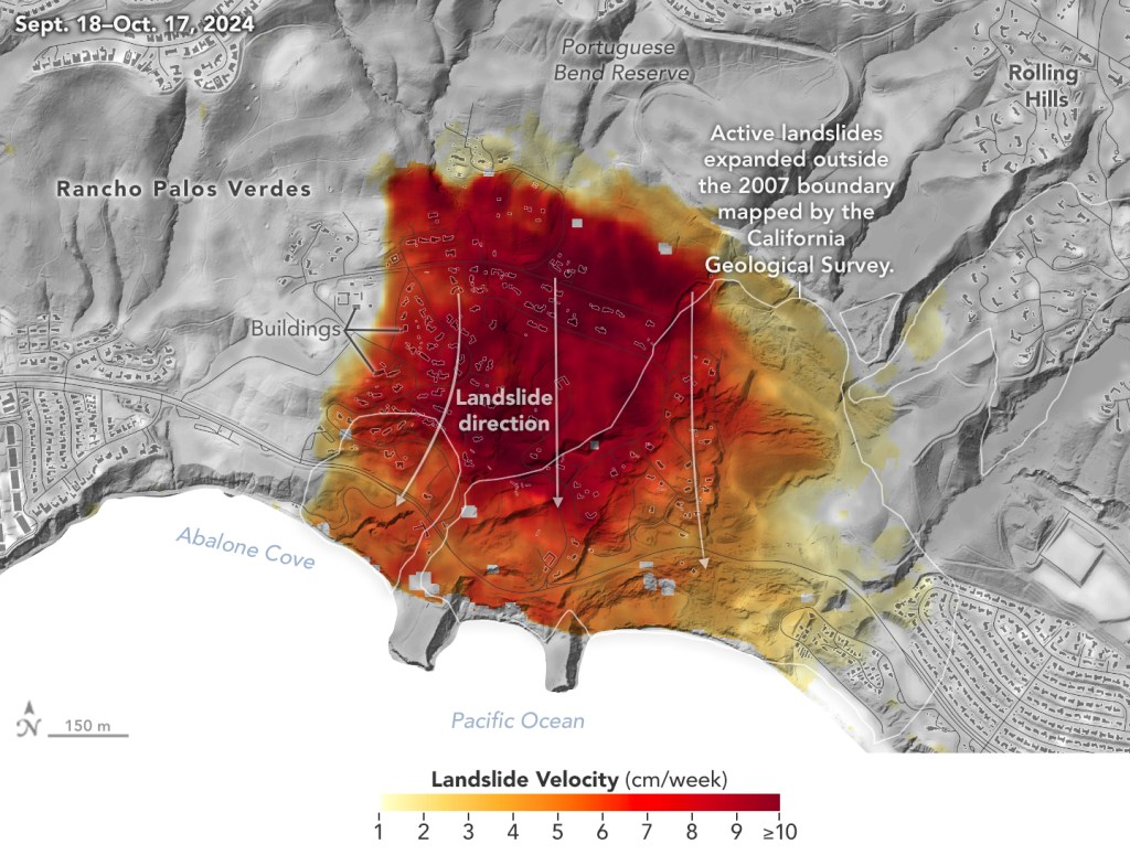 A topographic map of Rancho Palos Verdes, CA (Sept. 18–Oct. 17, 2024) shows landslide velocity in cm/week, with red areas moving fastest (≥10 cm/week). The slide extends beyond the 2007 boundary toward Abalone Cove. An arrow marks the landslide direction southward.