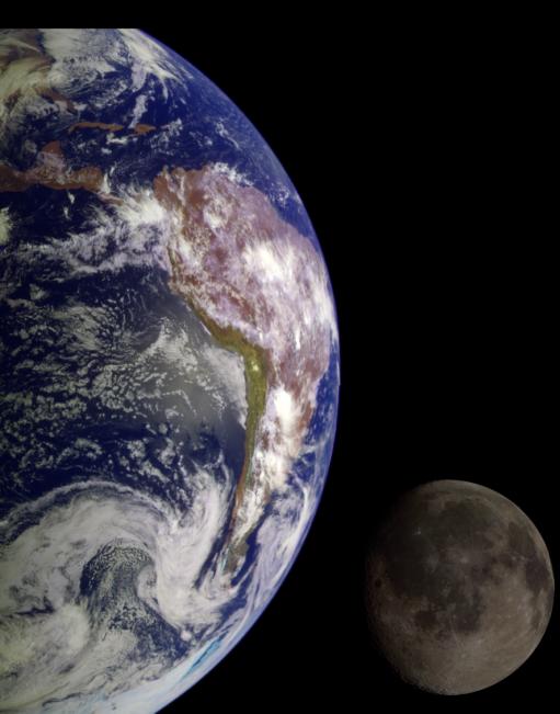 Composite image of Earth and the Moon as seen by the Galileo spacecraft