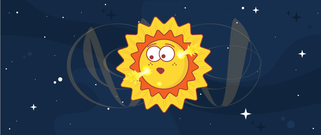 An cartoon illustration of a solar flare that has a blast of light and energy from the Sun’s surface.