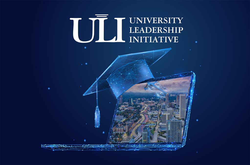 A graphic showing a University Leadership Initiative headline over a graduation cap atop a laptop.