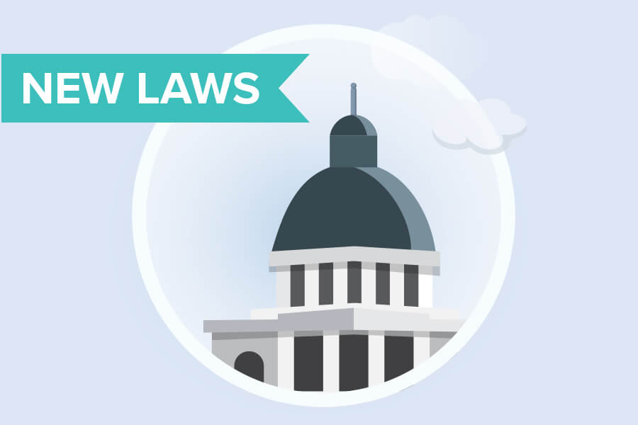 An illustration of a capitol building dome in dark gray, with a teal banner saying NEW LAWS above it