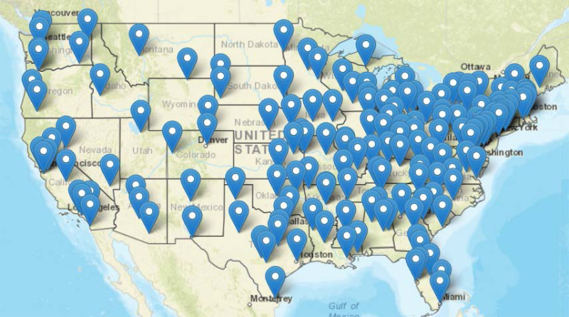 Map of the United States with pins positioned over the 170 VA Medical Centers locations.