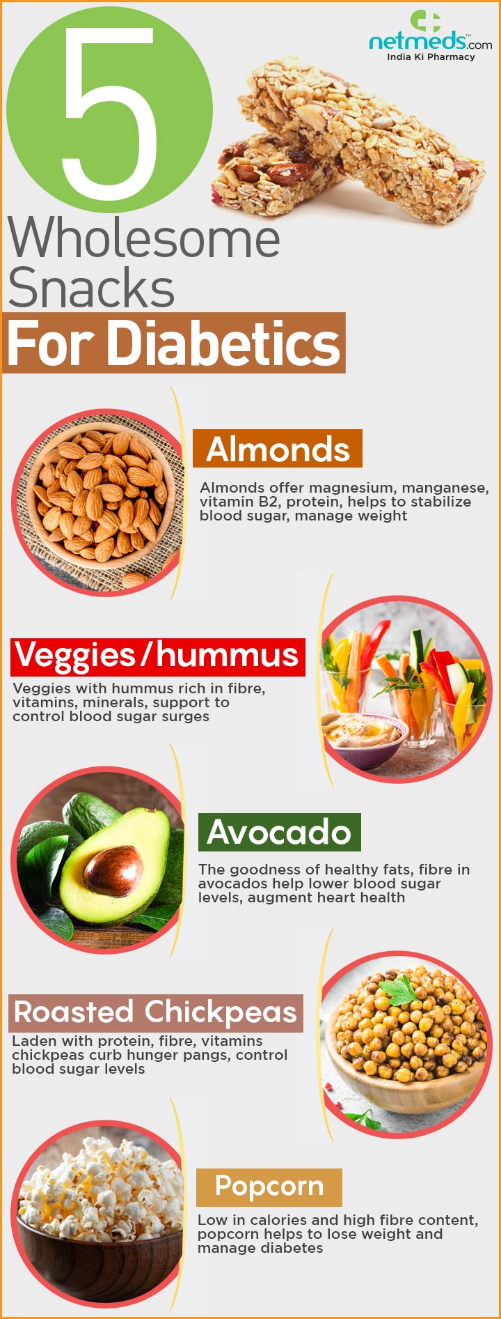 An image of a variety of diabetic snacks including nuts, seeds, and sugar-free granola bars.