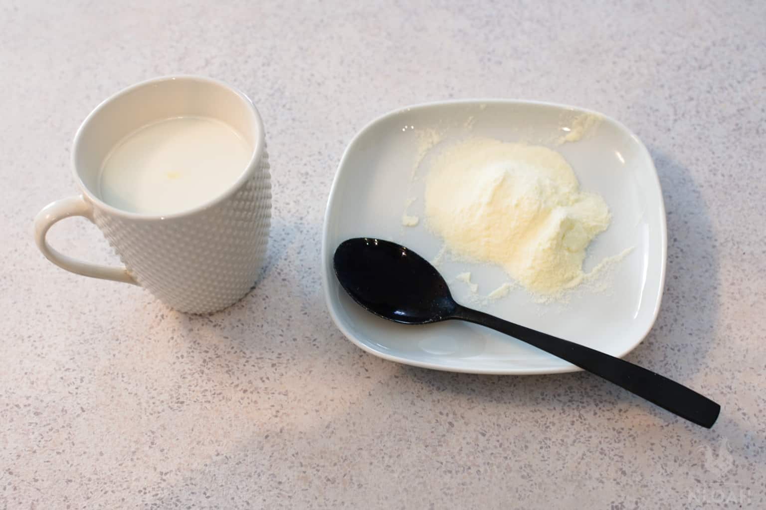 powder milk on small plate next to mug with reconstituted milk