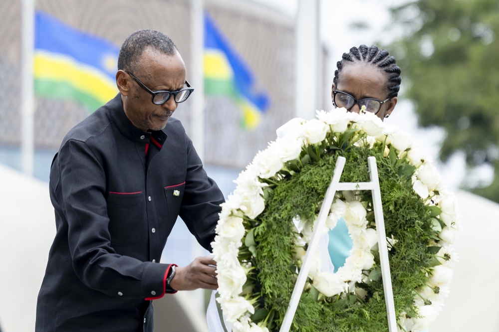 President Paul Kagame and First Lady Jeannette Kagame lay a wreath at the National Heroes Mausoleum to honour national heroes, on Saturday, February 1, 2025. Olivier Mugwiza