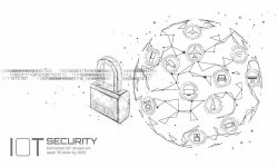 black and white graphic with IoT on it showing an interconnected world of devices