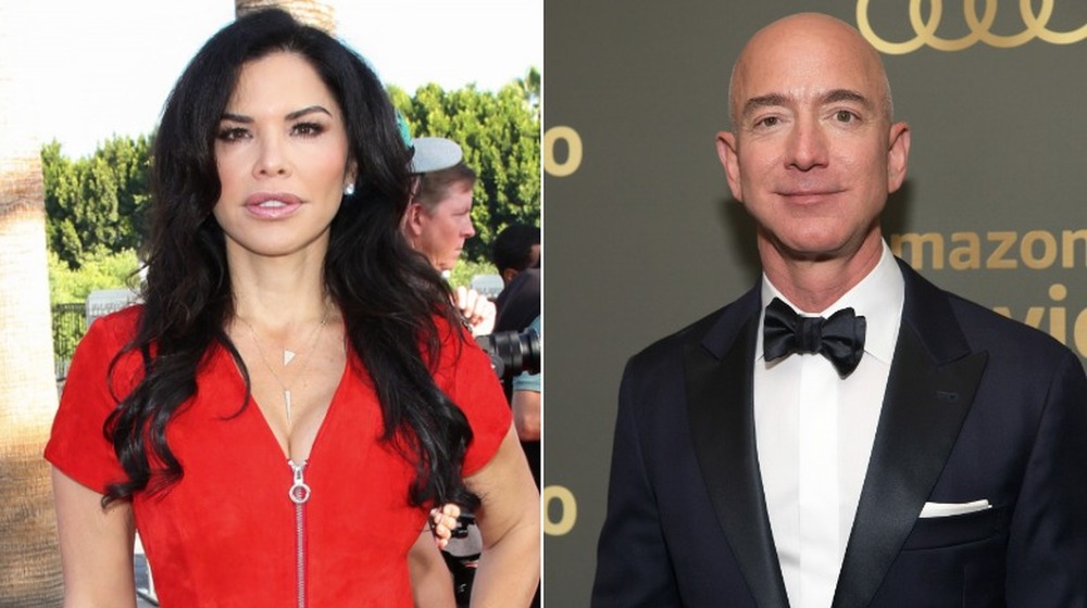 Lauren Sanchez outside, Jeff Bezos posing