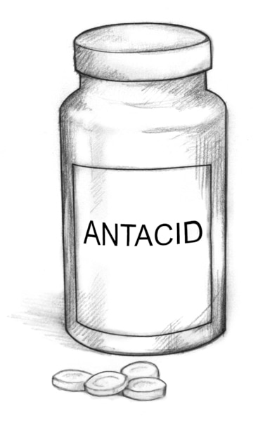 Drawing of a bottle of antacid pills.