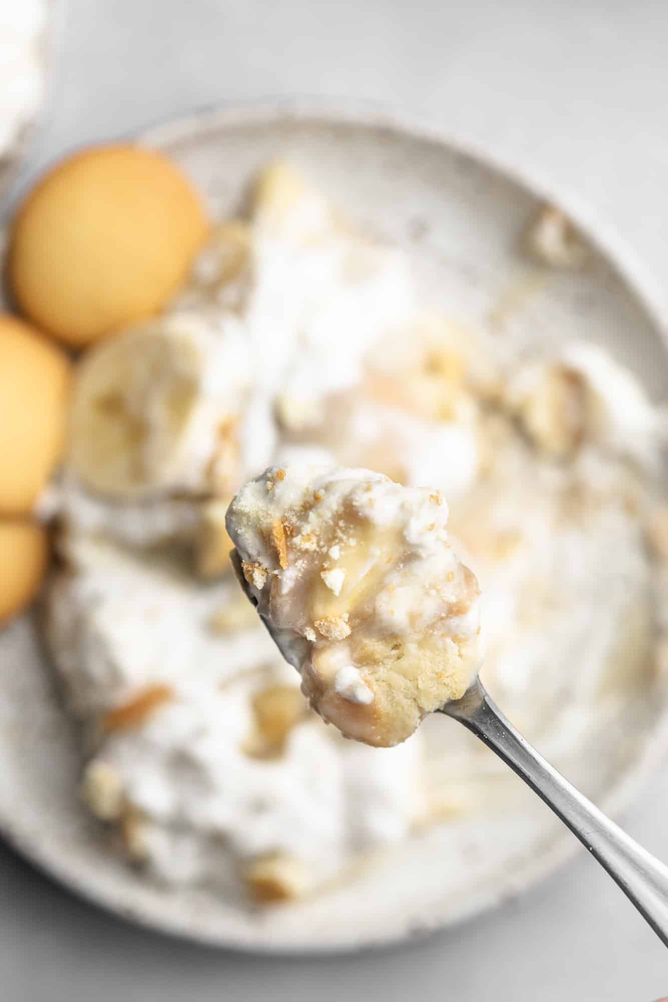 close up on a spoonful of vegan banana pudding.