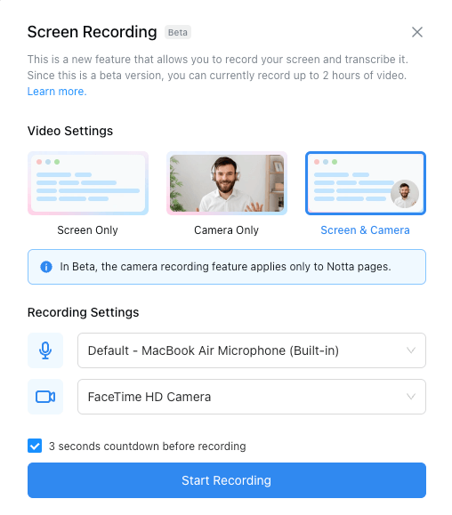 choose Screen Recording in Notta
