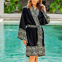 Short rayon batik robe, 'Midnight Rose' - Indonesian Floral Patterned Black and White Short Robe