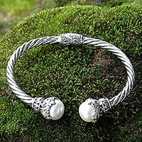 Cultured pearl cuff bracelet, 'Sterling Rope' - Cultured Pearl Sterling Silver Cuff Bracelet from Indonesia