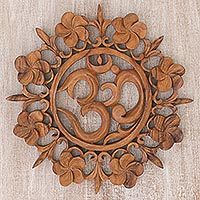 Wood wall relief, 'Om is Life' - Hand Carved Wood Wall Relief Floral Om from Indonesia