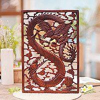 Wood wall relief panel, 'Mystic Battle' - Handcarved Suar Wood Dragon and Garuda Bird Wall Panel