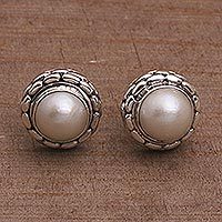 Cultured pearl button earrings, 'Temple Domes' - Cultured Pearl and Sterling Silver Button Earrings from Bali