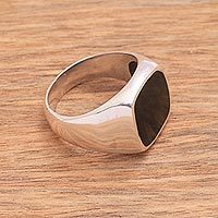 Sterling silver and resin signet ring, 'Shadowy Window' - Black Resin and Sterling Silver Signet Ring from Bali