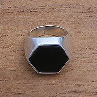 Men's onyx signet ring, 'Dark Stamp' - Hexagonal Onyx Men's Signet Ring from Bali