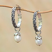 Cultured pearl dangle earrings, 'Budding Spirit' - Cultured Pearl Hoop Dangle Earrings from Bali