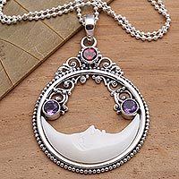 Garnet and amethyst pendant necklace, 'Peaceful Evening' - Moon Pendant Necklace with Amethyst and Garnet