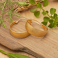 Gold-plated hoop earrings, 'Cycle of Glory' - Brushed-Satin 18k Gold-Plated Hoop Earrings Crafted in Bali