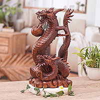 Wood statuette, 'Coiling Dragons' - Handcrafted Wood Sculpture