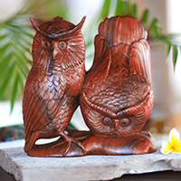 Wood statuette, 'Owl Couple' - Hand Made Wood Bird Sculpture