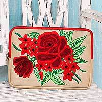 Embroidered tablet sleeve, 'Red Rose Romance' - Embroidered Tablet Sleeve Padded Lined Case with Rose Theme