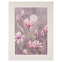 'Magnolia in Moonlight' - Signed Pink Magnolia Painting from India