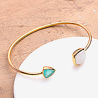 Gold-plated moonstone and chalcedony bracelet, 'Gorgeous Allure' - Gold-Plated Rainbow Moonstone and Chalcedony Cuff Bracelet