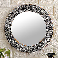 Glass mosaic wall mirror, 'Grey Sunset' - Round Black and Grey Glass and Wood Mosaic Wall Mirror