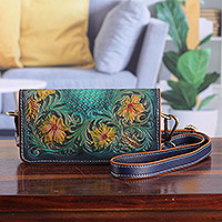 Leather sling, 'Blooming Regality' - Floral Embossed Teal and Goldenrod Leather Clutch Sling