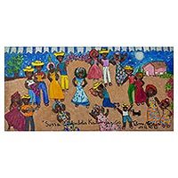 'Sussa Dance of the Village Kalunga' - Signed Naif Painting of a Dance Scene from Brazil