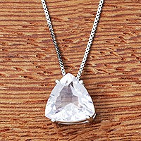 Quartz pendant necklace, 'Pyramid of Light' - Brazil Crystal Quartz & Rhodium Plated Silver Necklace