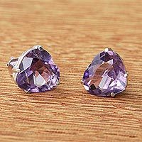 Amethyst stud earrings, 'Heart of Light' - Brazil Heart-Shaped Faceted Amethyst Stud Earrings