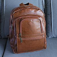 Leather backpack, 'Champion in Spice Brown and Orange' - Spice Brown and Orange Leather Padded Backpack from Brazil