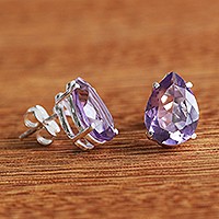 Amethyst stud earrings, 'Crystalline Tears' - Brazilian Petite Teardrop Amethyst & Silver Stud Earrings