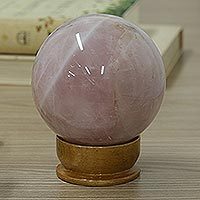 Rose quartz sculpture, 'Pink Love Orb' - Polished Rose Quartz Sculpture with Cedar Wood Stand