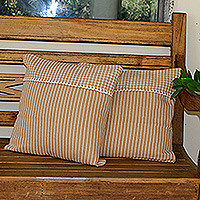 Cotton cushion covers, 'Caramel Window' (pair) - Handloomed Caramel Striped Cotton Cushion Covers (Pair)