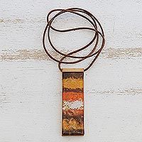 Glass and leather pendant necklace, 'Desert Layers' - Handcrafted Glass Layered Pendant Necklace from Brazil