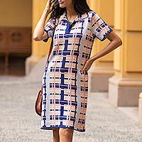 Cotton blend knit dress, 'Melon Spring' - Hand Made Cotton Blend Plaid Polo Dress from Peru