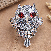 Gold accented garnet cocktail ring, 'Precious Owl' - Handcrafted Sterling Silver and Garnet Ring