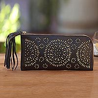 Leather clutch, 'Borobudur Stars in Coffee' - Circle Pattern Leather Clutch in Espresso from Bali