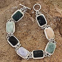 Jade and quartz link bracelet, 'Maya Rainbow' - Collectible Sterling Silver Jade and Quartz Link Bracelet