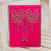 Leather portfolio, 'Ancient Zigzags' - Handcrafted Leather Portfolio in Cerise from Nicaragua